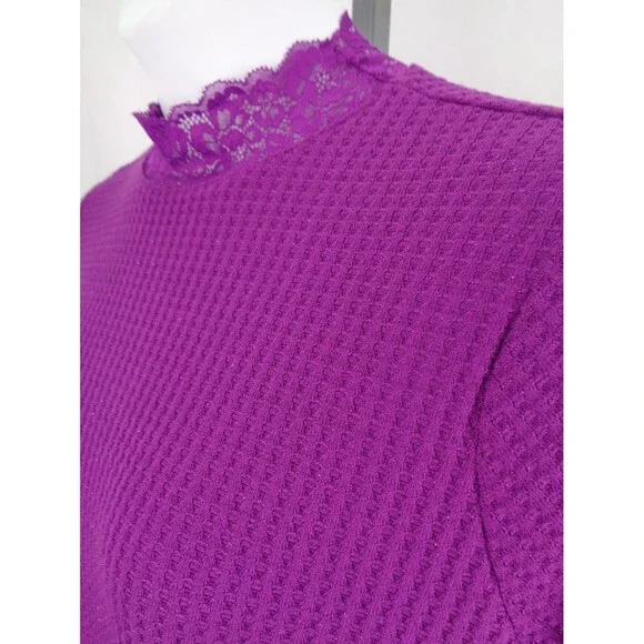 LOGO Lori Goldstein Purple Metallic Waffle Knit Mock Neck Top Lace Sz Large New - Picture 8 of 15